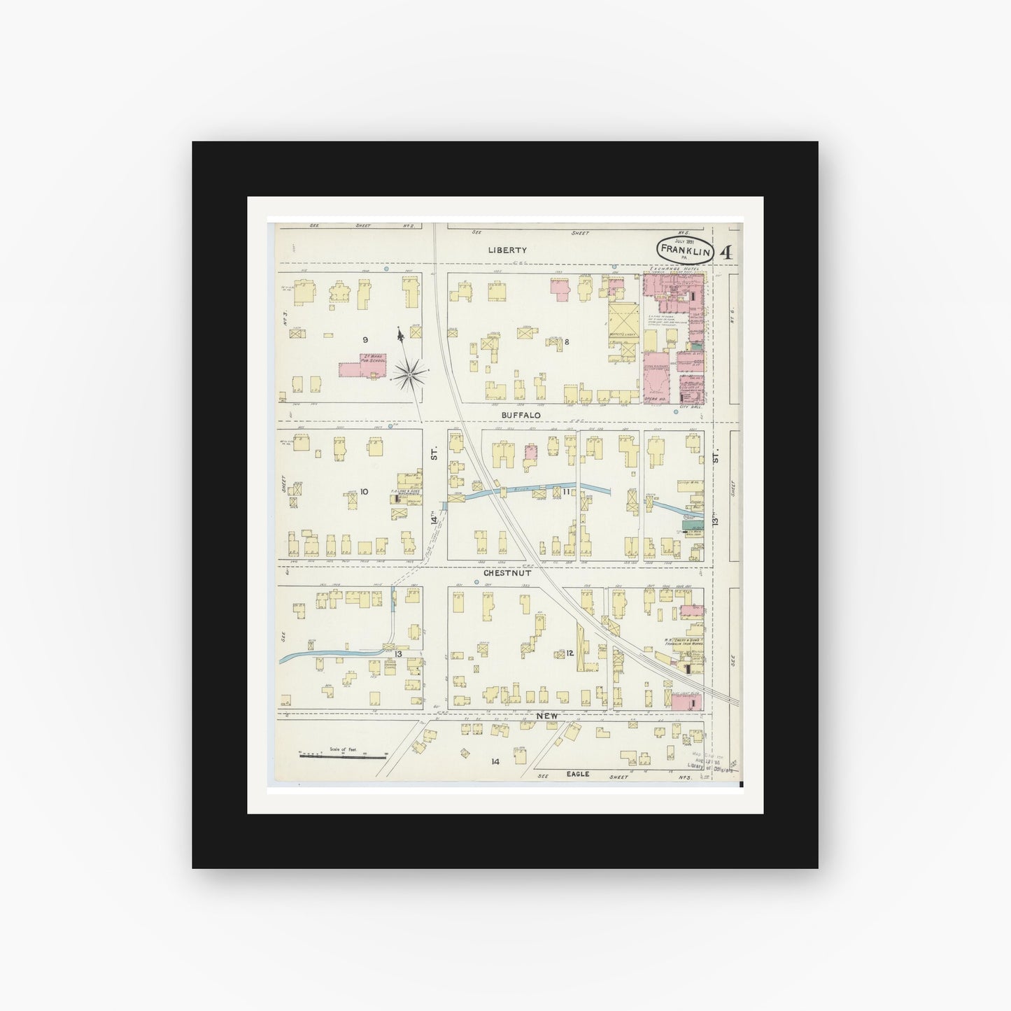 Old map wall art mockup — black gallery frame with white mat — Sanborn Fire Insurance Map from Franklin, Venango County, Pennsylvania (1891), Sheet #0004