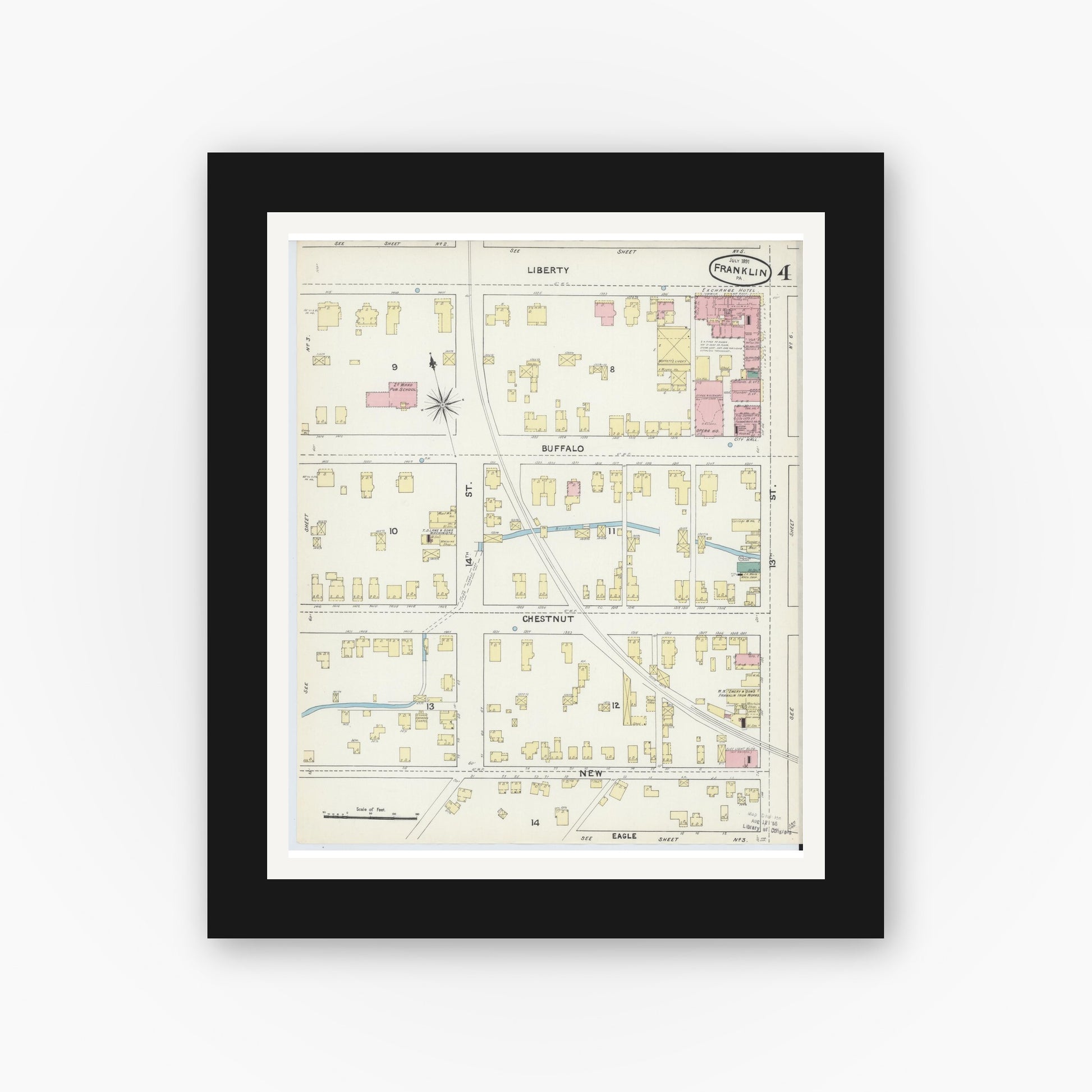 Old map wall art mockup — black gallery frame with white mat — Sanborn Fire Insurance Map from Franklin, Venango County, Pennsylvania (1891), Sheet #0004