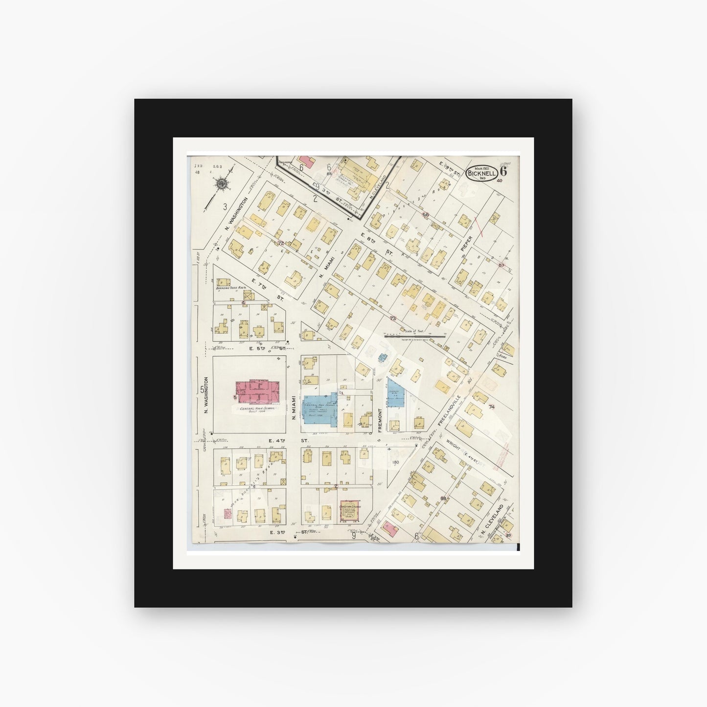 Old map wall art mockup — black gallery frame with white mat — Sanborn Fire Insurance Map from Bicknell, Knox County, Indiana (1946), Sheet #0006