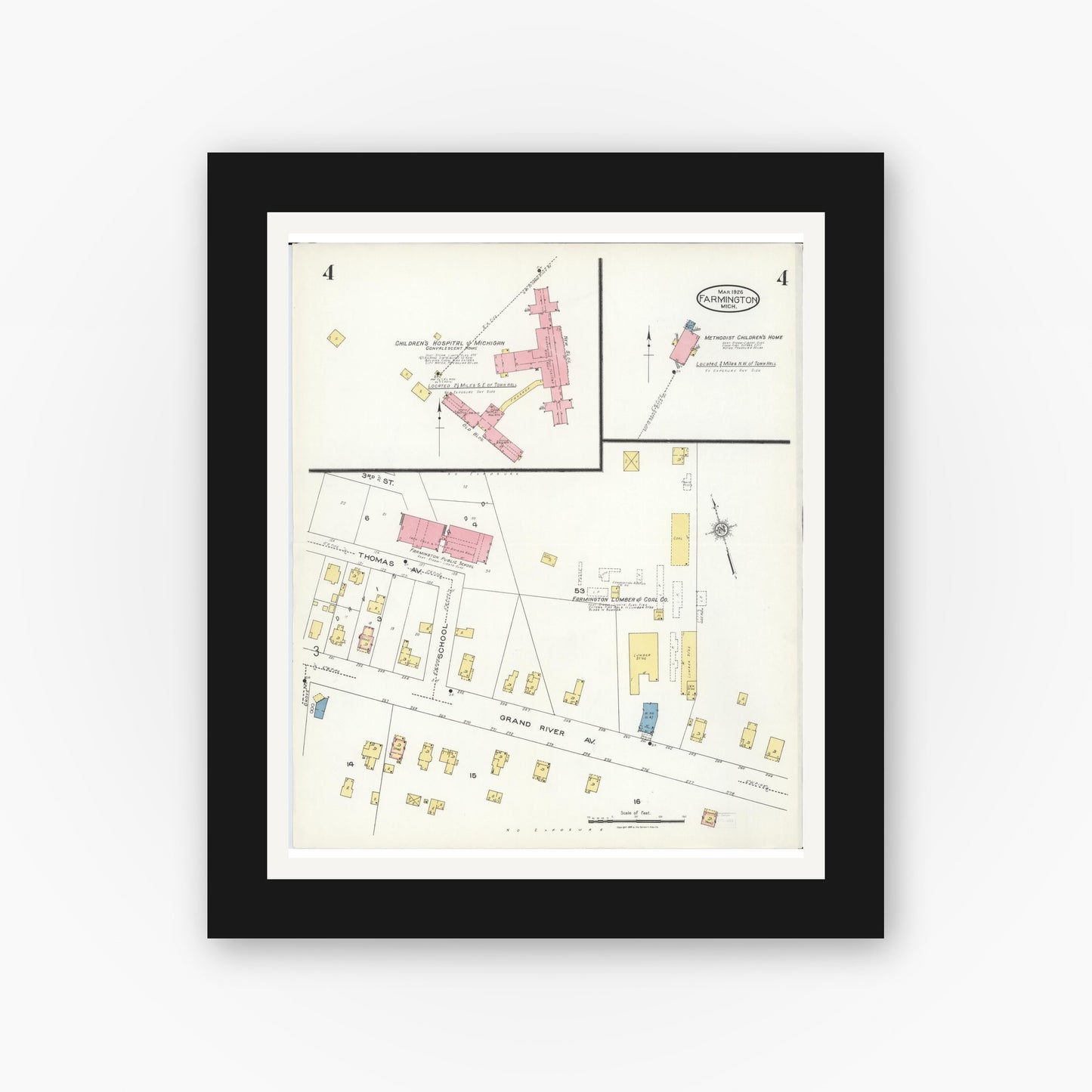 Old map wall art mockup — black gallery frame with white mat — Sanborn Fire Insurance Map from Farmington, Oakland County, Michigan (1926), Sheet #0004