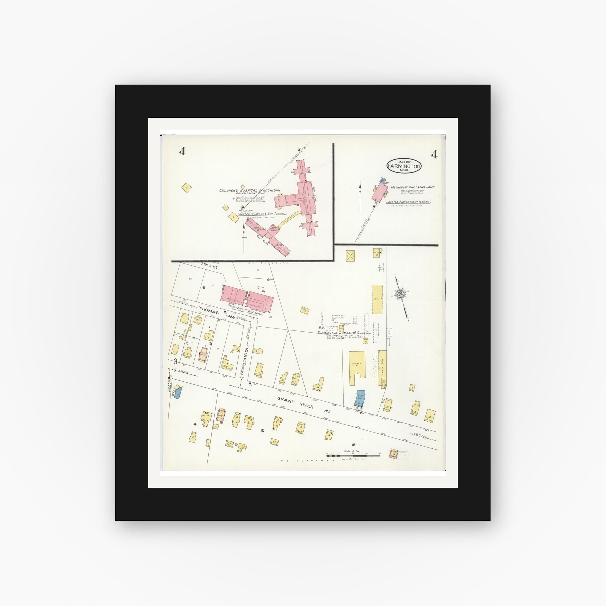 Old map wall art mockup — black gallery frame with white mat — Sanborn Fire Insurance Map from Farmington, Oakland County, Michigan (1926), Sheet #0004