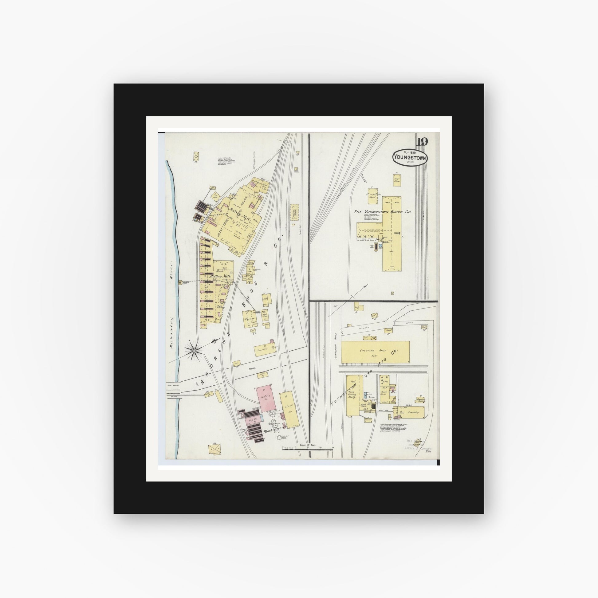 Old map wall art mockup — black gallery frame with white mat — Sanborn Fire Insurance Map from Youngstown, Mahoning County, Ohio (1889), Sheet #0019