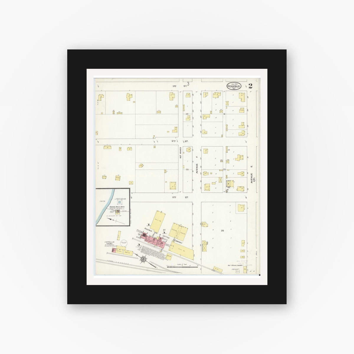 Old map wall art mockup — black gallery frame with white mat — Sanborn Fire Insurance Map from Rosebud, Falls County, Texas (1914), Sheet #0002