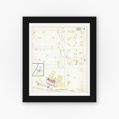 Old map wall art mockup — black gallery frame with white mat — Sanborn Fire Insurance Map from Rosebud, Falls County, Texas (1914), Sheet #0002