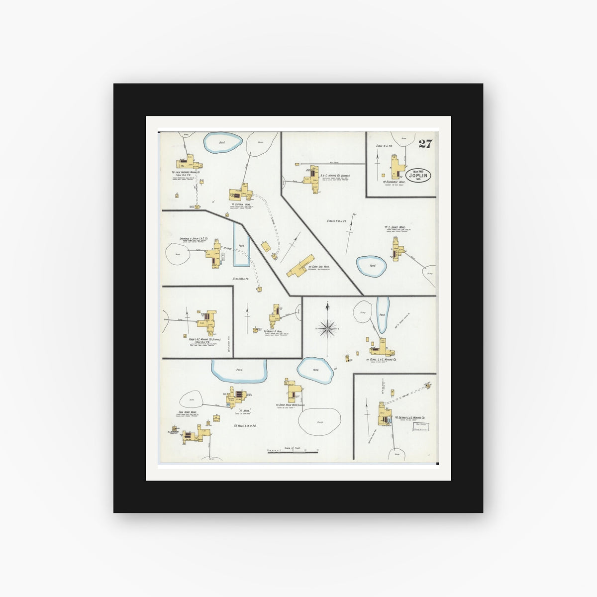 Old map wall art mockup — black gallery frame with white mat — Sanborn Fire Insurance Map from Joplin, Jasper County, Missouri (1900), Sheet #0027