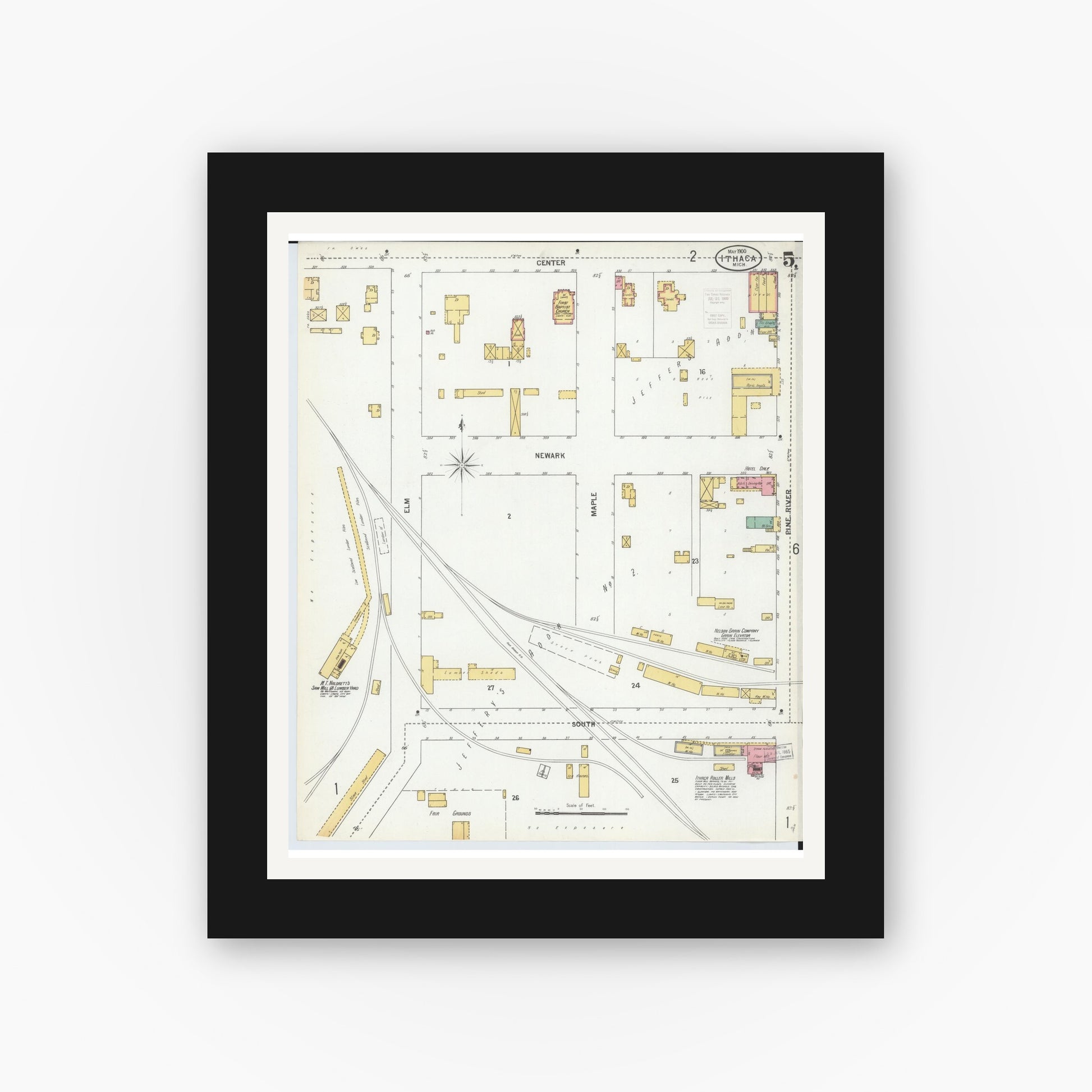 Old map wall art mockup — black gallery frame with white mat — Sanborn Fire Insurance Map from Ithaca, Gratiot County, Michigan (1900), Sheet #0005