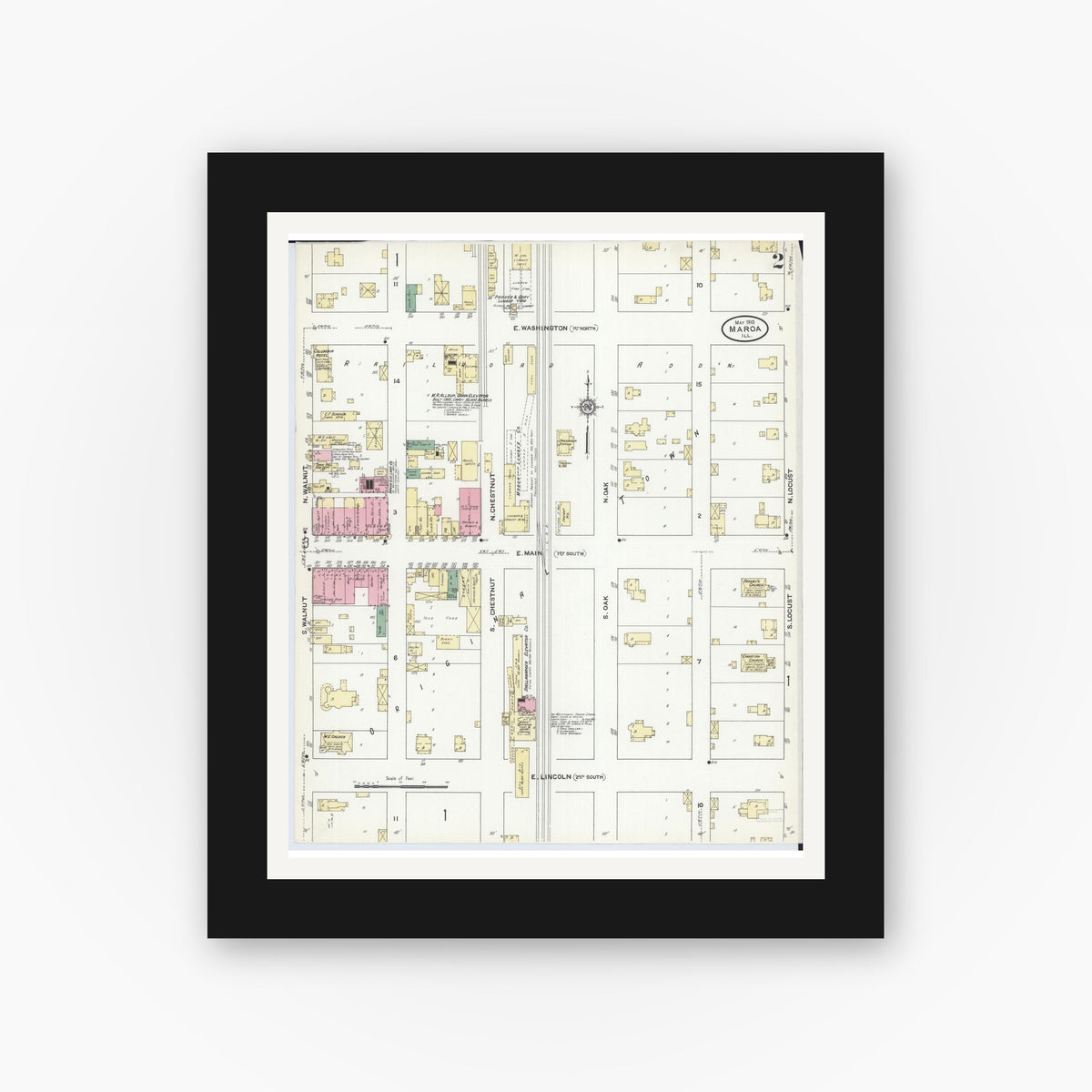 Old map wall art mockup — black gallery frame with white mat — Sanborn Fire Insurance Map from Maroa, Macon County, Illinois (1910), Sheet #0002