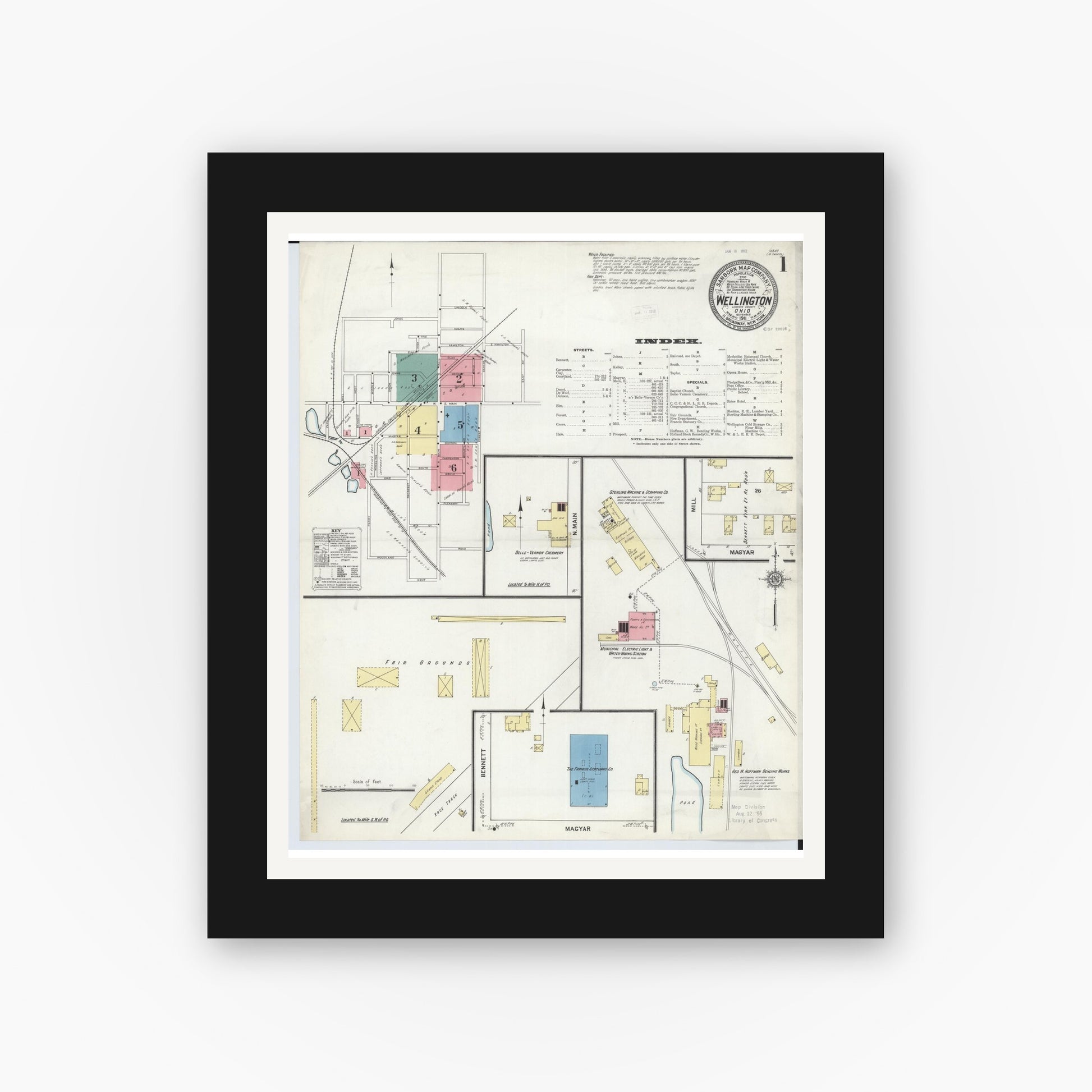 Old map wall art mockup — black gallery frame with white mat — Sanborn Fire Insurance Map from Wellington, Lorain County, Ohio (1911) - Complete Map Set