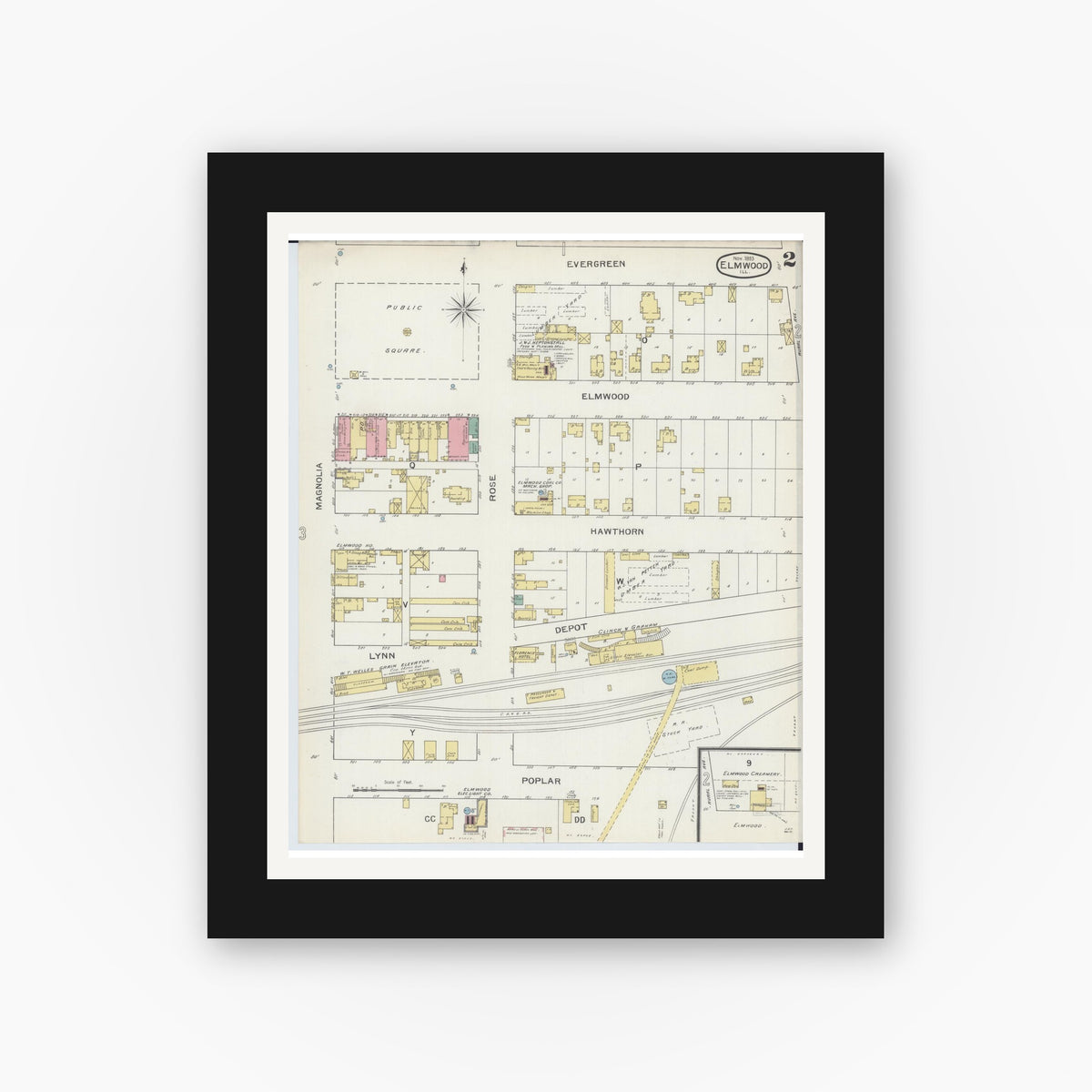 Old map wall art mockup — black gallery frame with white mat — Sanborn Fire Insurance Map from Elmwood, Peoria County, Illinois (1893), Sheet #0002