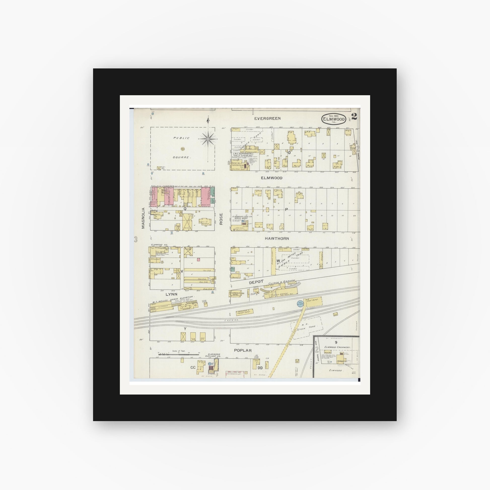 Old map wall art mockup — black gallery frame with white mat — Sanborn Fire Insurance Map from Elmwood, Peoria County, Illinois (1893), Sheet #0002