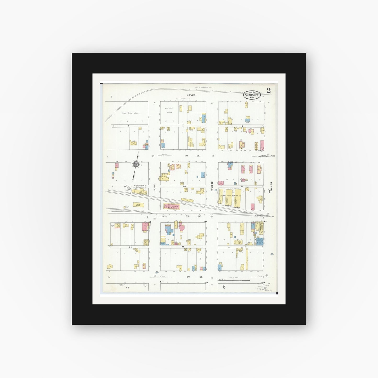 Old map wall art mockup — black gallery frame with white mat — Sanborn Fire Insurance Map from Shakopee, Scott County, Minnesota (1910), Sheet #0002