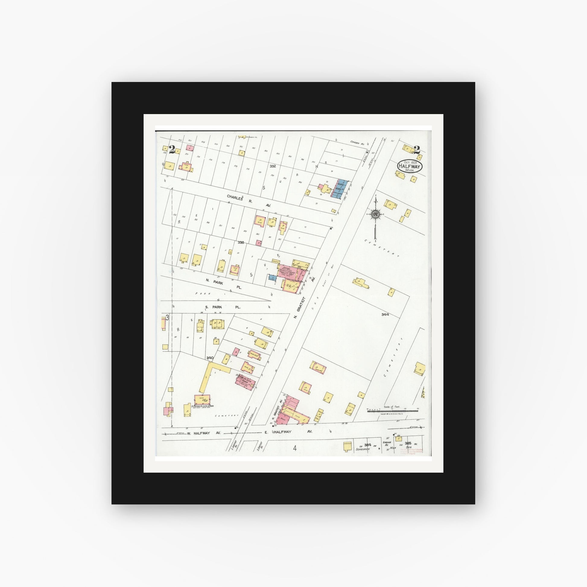 Old map wall art mockup — black gallery frame with white mat — Sanborn Fire Insurance Map from Halfway, Macomb County, Michigan (1925), Sheet #0002