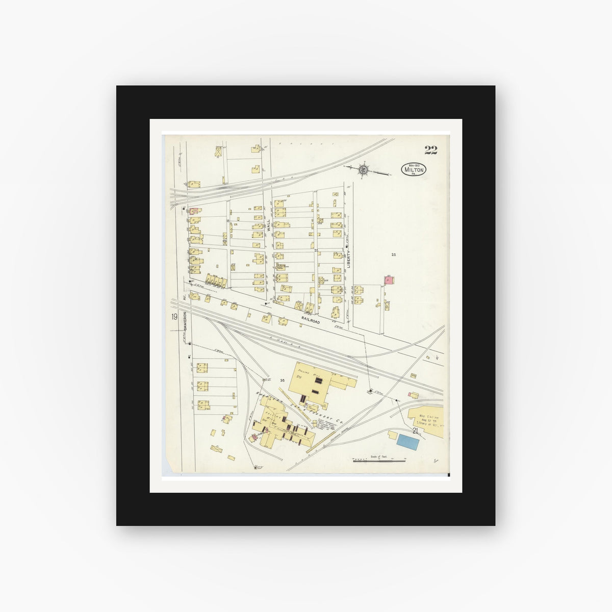 Old map wall art mockup — black gallery frame with white mat — Sanborn Fire Insurance Map from Milton, Northumberland County, Pennsylvania (1913), Sheet #0022