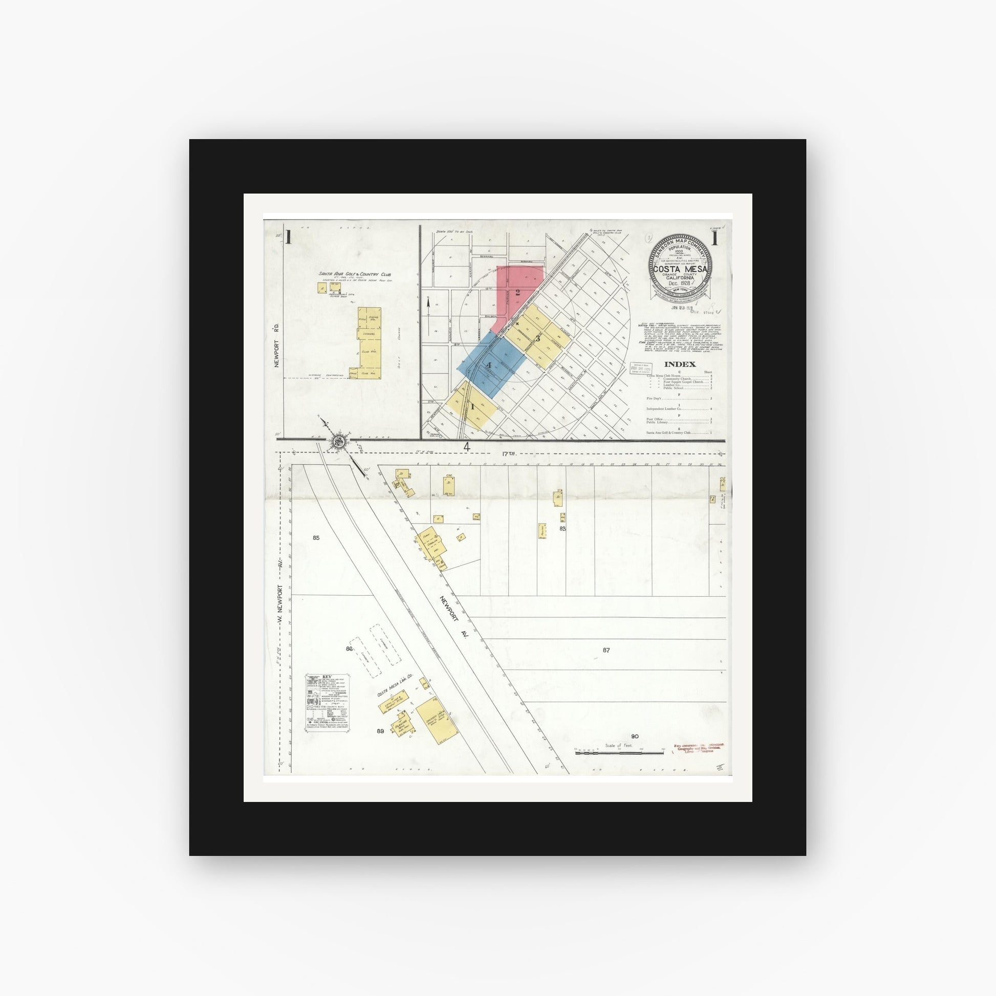 Old map wall art mockup — black gallery frame with white mat — Sanborn Fire Insurance Map from Costa Mesa, Orange County, California (1928) - Complete Map Set