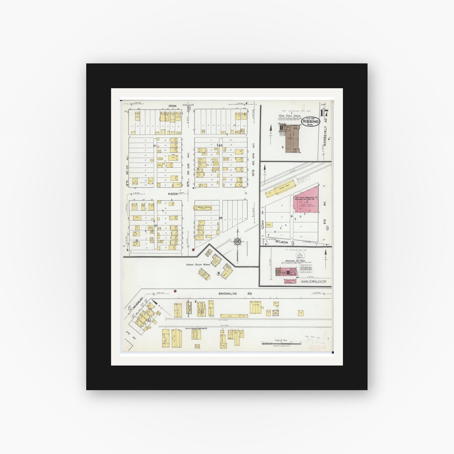 Old map wall art mockup — black gallery frame with white mat — Sanborn Fire Insurance Map from Hibbing, Saint Louis County, Minnesota (1921), Sheet #0017