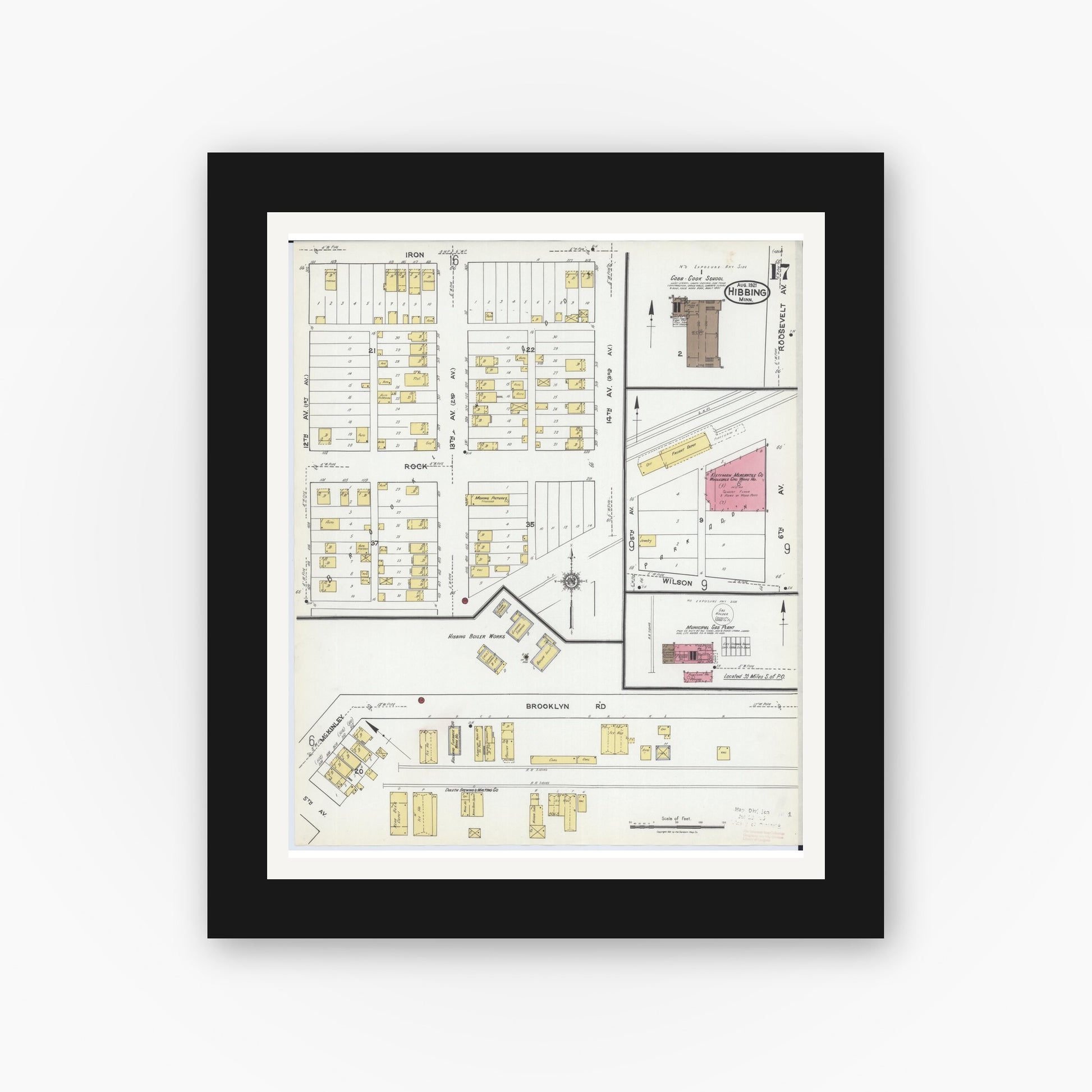 Old map wall art mockup — black gallery frame with white mat — Sanborn Fire Insurance Map from Hibbing, Saint Louis County, Minnesota (1921), Sheet #0017