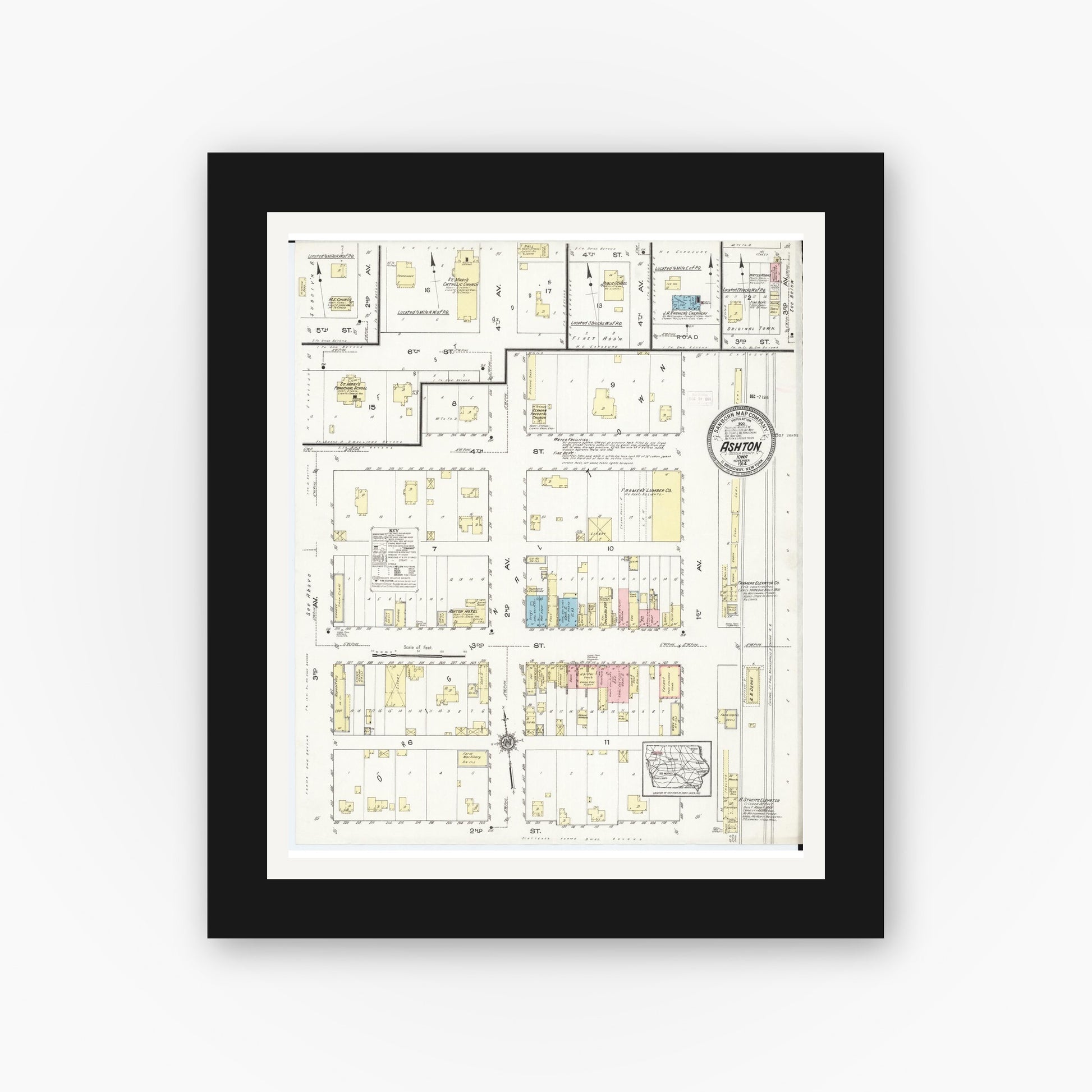 Old map wall art mockup — black gallery frame with white mat — Sanborn Fire Insurance Map from Ashton, Osceola County, Iowa (1914), Sheet #0001