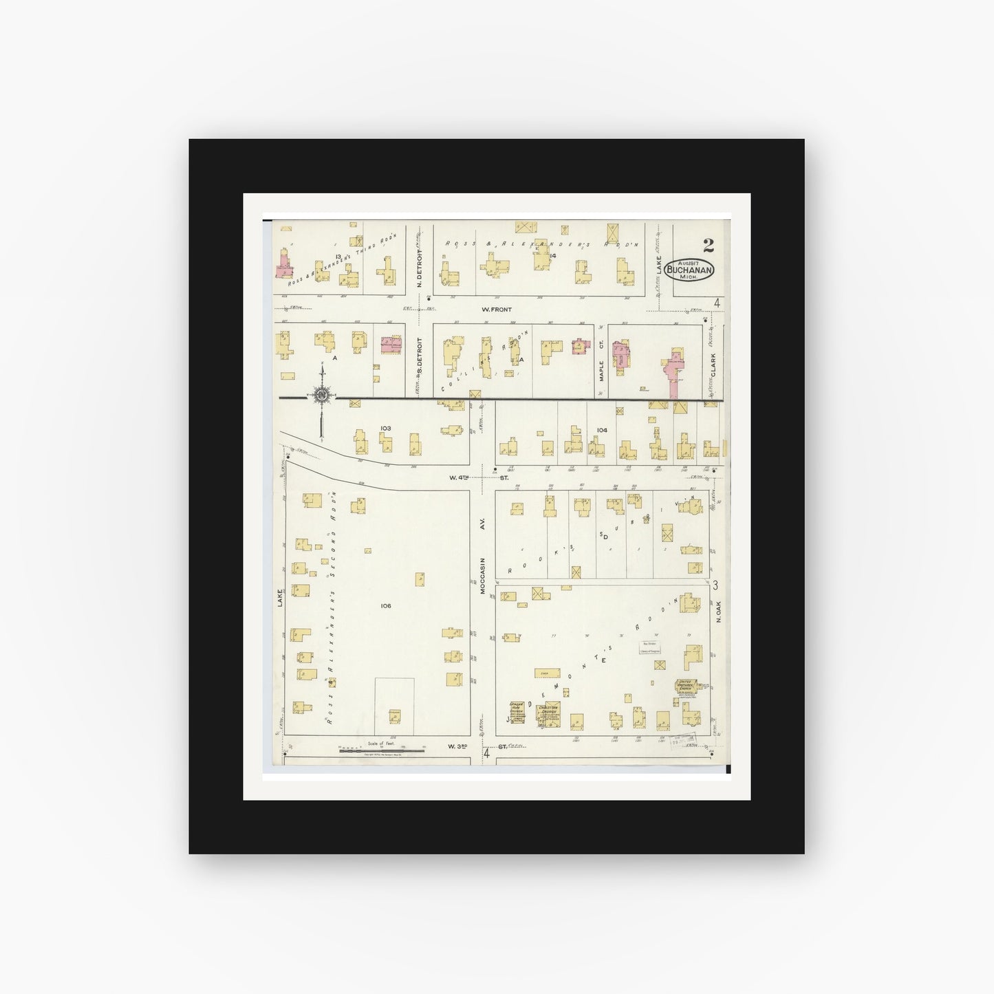 Old map wall art mockup — black gallery frame with white mat — Sanborn Fire Insurance Map from Buchanan, Berrien County, Michigan (1917), Sheet #0002