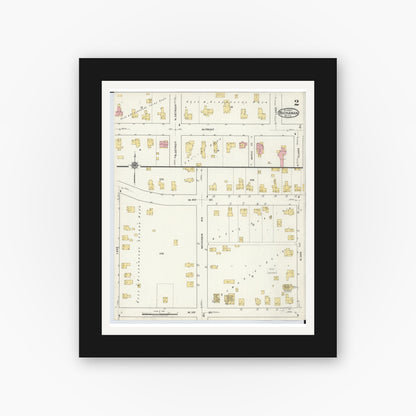 Old map wall art mockup — black gallery frame with white mat — Sanborn Fire Insurance Map from Buchanan, Berrien County, Michigan (1917), Sheet #0002