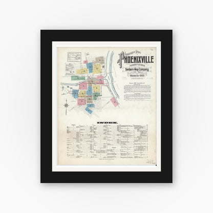 Old map wall art mockup — black gallery frame with white mat — Sanborn Fire Insurance Map from Phoenixville, Chester County, Pennsylvania (1913) - Complete Map Set