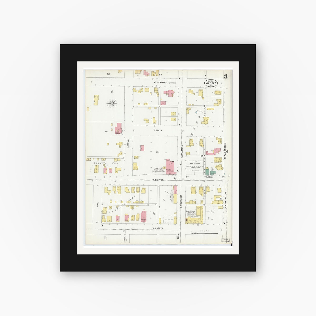Old map wall art mockup — black gallery frame with white mat — Sanborn Fire Insurance Map from Warsaw, Kosciusko County, Indiana (1899), Sheet #0003