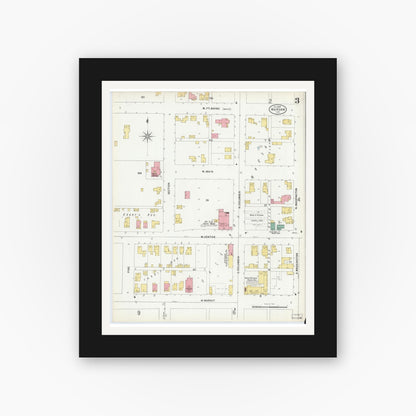 Old map wall art mockup — black gallery frame with white mat — Sanborn Fire Insurance Map from Warsaw, Kosciusko County, Indiana (1899), Sheet #0003