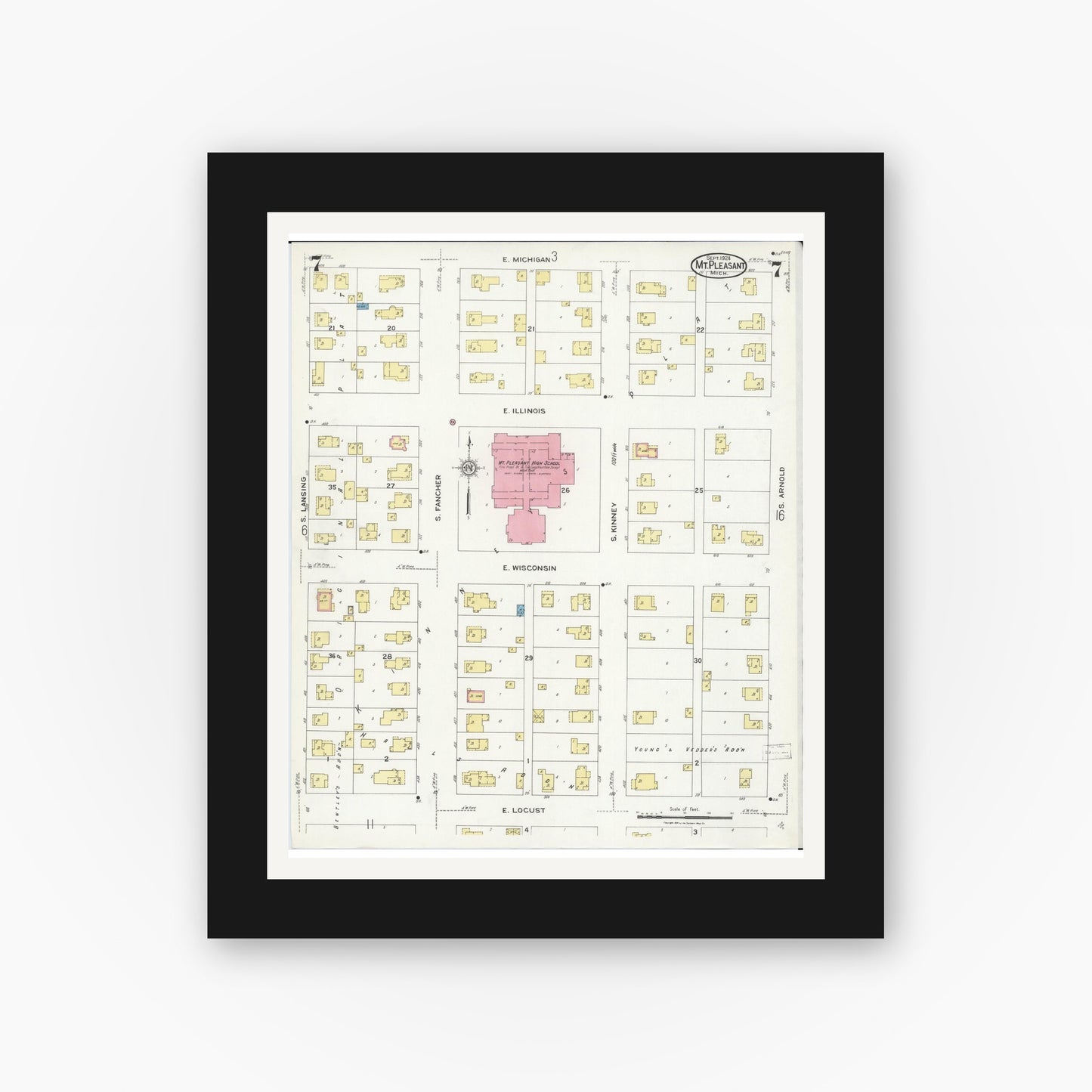 Old map wall art mockup — black gallery frame with white mat — Sanborn Fire Insurance Map from Mount Pleasant, Isabella County, Michigan (1924), Sheet #0007