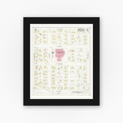 Old map wall art mockup — black gallery frame with white mat — Sanborn Fire Insurance Map from Mount Pleasant, Isabella County, Michigan (1924), Sheet #0007