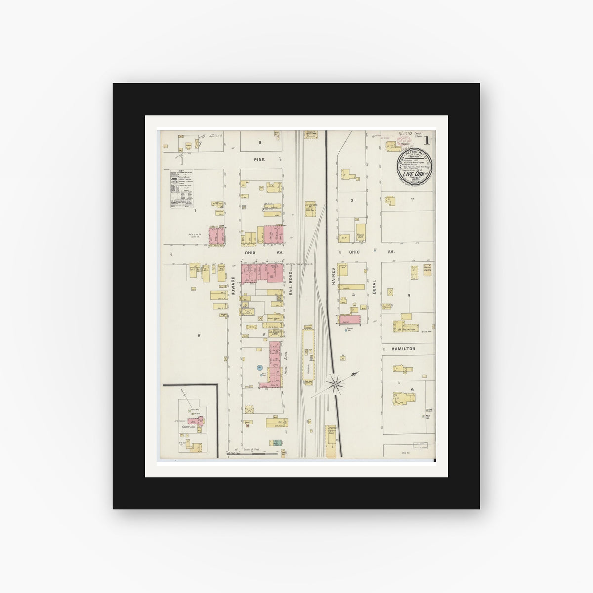 Old map wall art mockup — black gallery frame with white mat — Sanborn Fire Insurance Map from Live Oak, Suwanee County, Florida (1895) - Complete Map Set