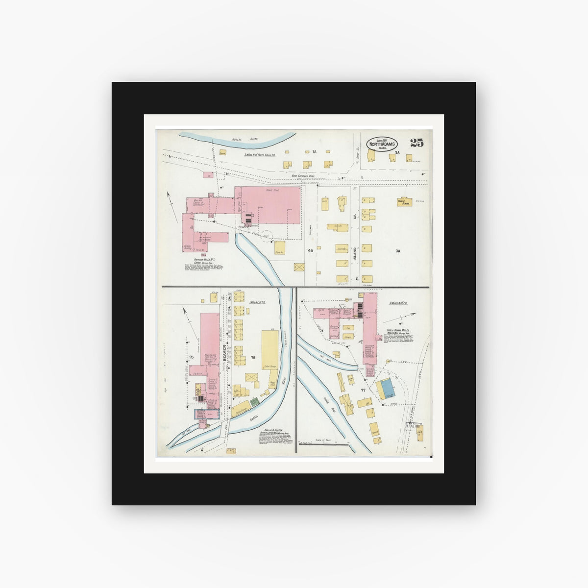 Old map wall art mockup — black gallery frame with white mat — Sanborn Fire Insurance Map from North Adams, Berkshire County, Massachusetts (1901), Sheet #0025
