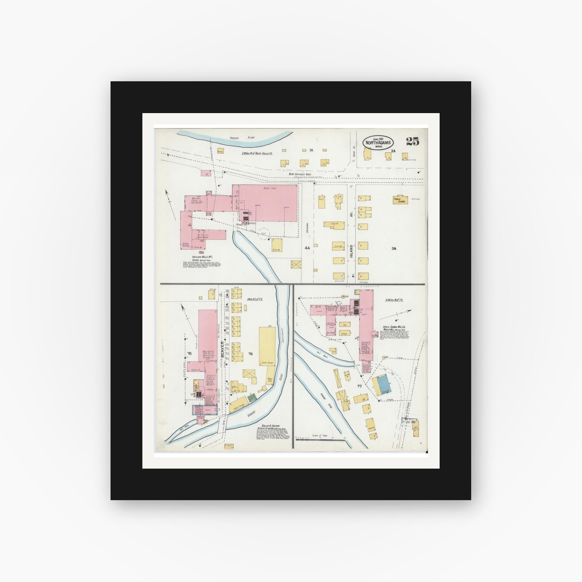 Old map wall art mockup — black gallery frame with white mat — Sanborn Fire Insurance Map from North Adams, Berkshire County, Massachusetts (1901), Sheet #0025