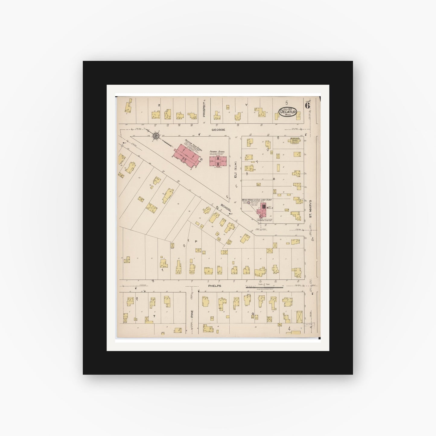 Old map wall art mockup — black gallery frame with white mat — Sanborn Fire Insurance Map from Decatur, Van Buren County, Michigan (1922), Sheet #0006