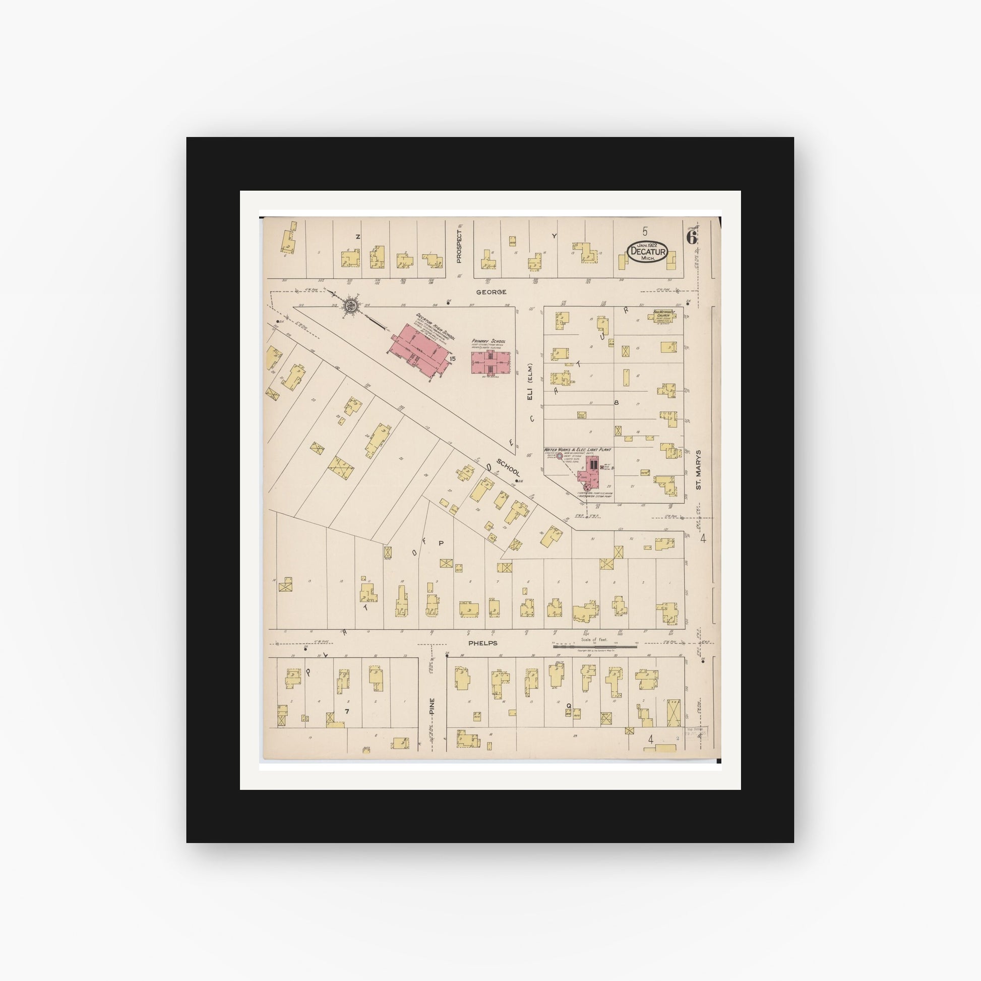 Old map wall art mockup — black gallery frame with white mat — Sanborn Fire Insurance Map from Decatur, Van Buren County, Michigan (1922), Sheet #0006