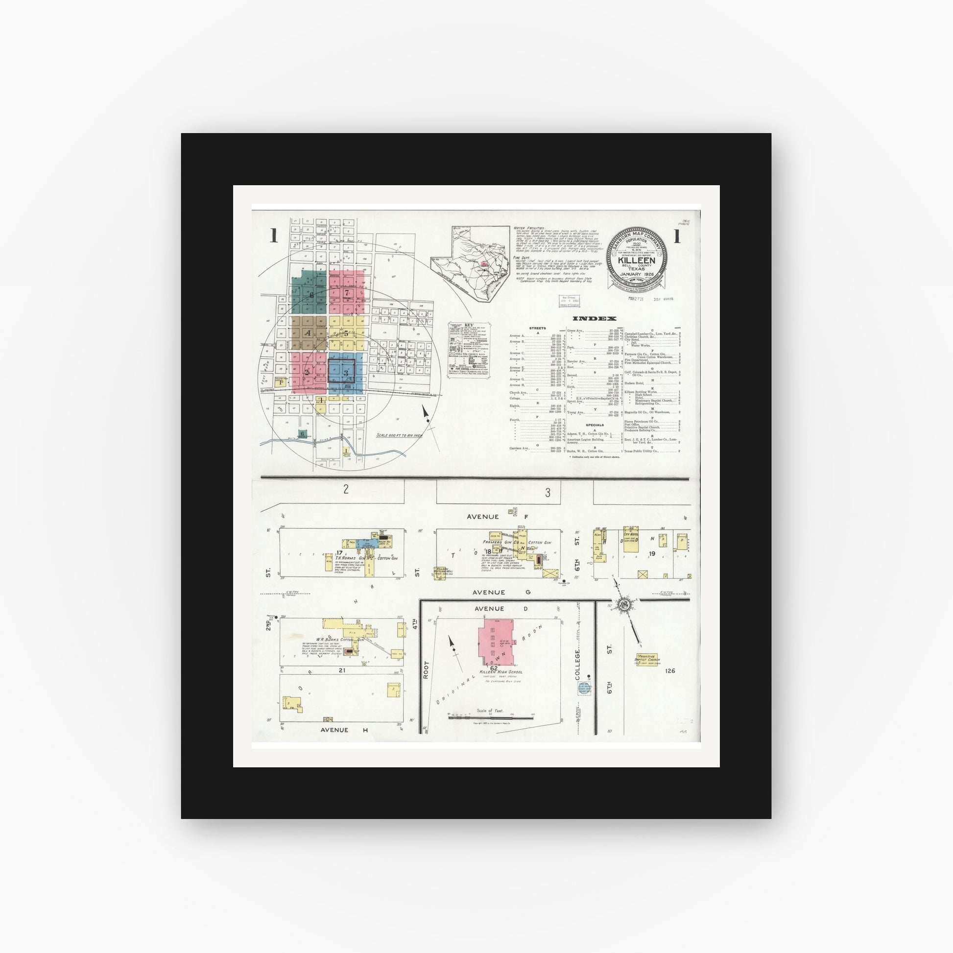 Old map wall art mockup — black gallery frame with white mat — Sanborn Fire Insurance Map from Killeen, Bell County, Texas (1926), Sheet #0001