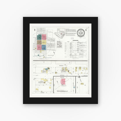 Old map wall art mockup — black gallery frame with white mat — Sanborn Fire Insurance Map from Killeen, Bell County, Texas (1926), Sheet #0001