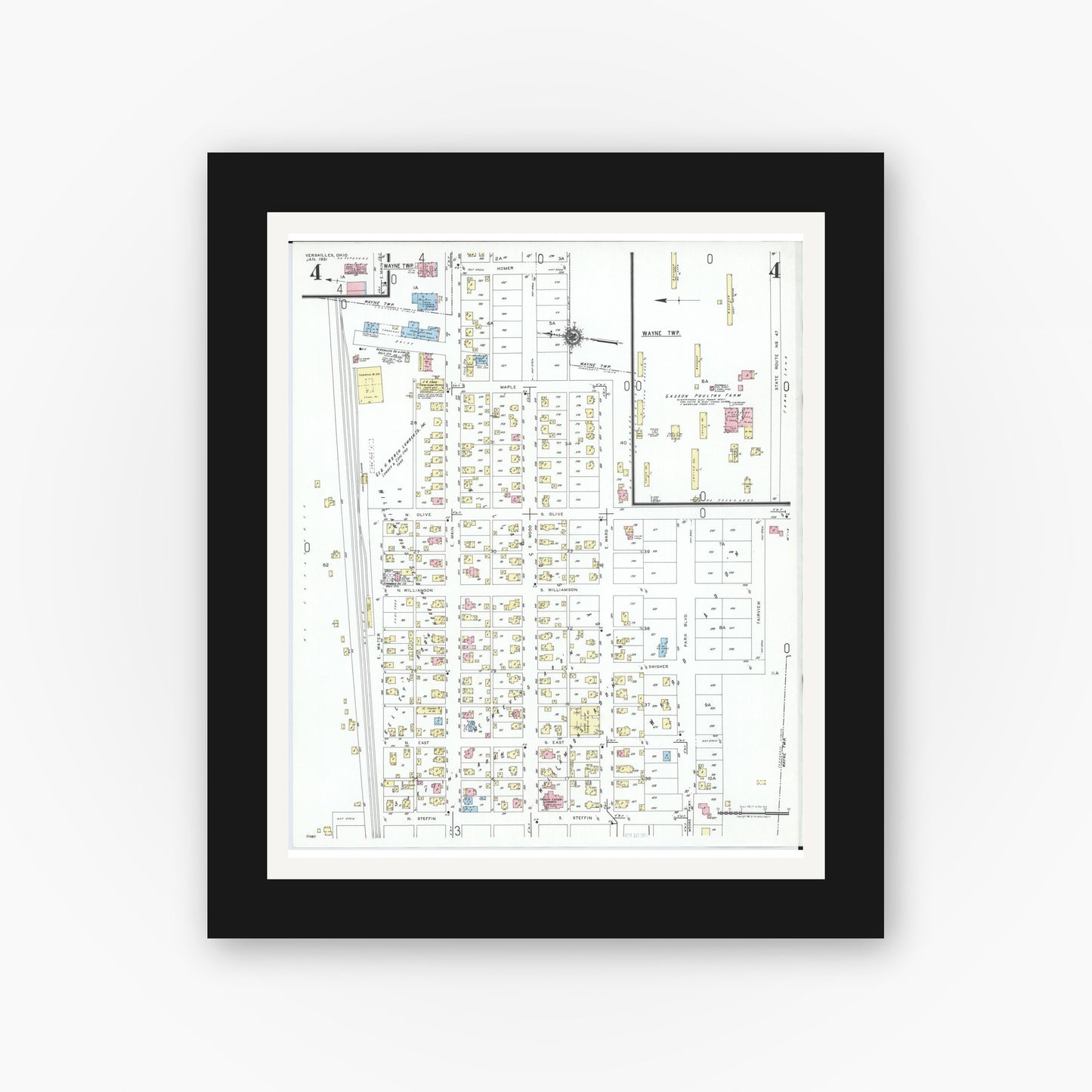 Old map wall art mockup — black gallery frame with white mat — Sanborn Fire Insurance Map from Versailles, Darke County, Ohio (1951), Sheet #0004
