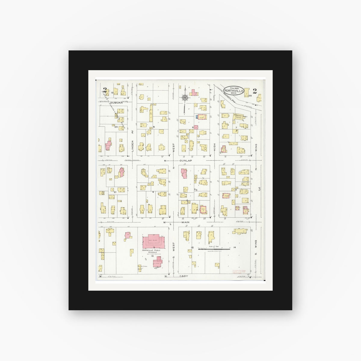 Old map wall art mockup — black gallery frame with white mat — Sanborn Fire Insurance Map from Northville, Wayne County, Michigan (1926), Sheet #0002
