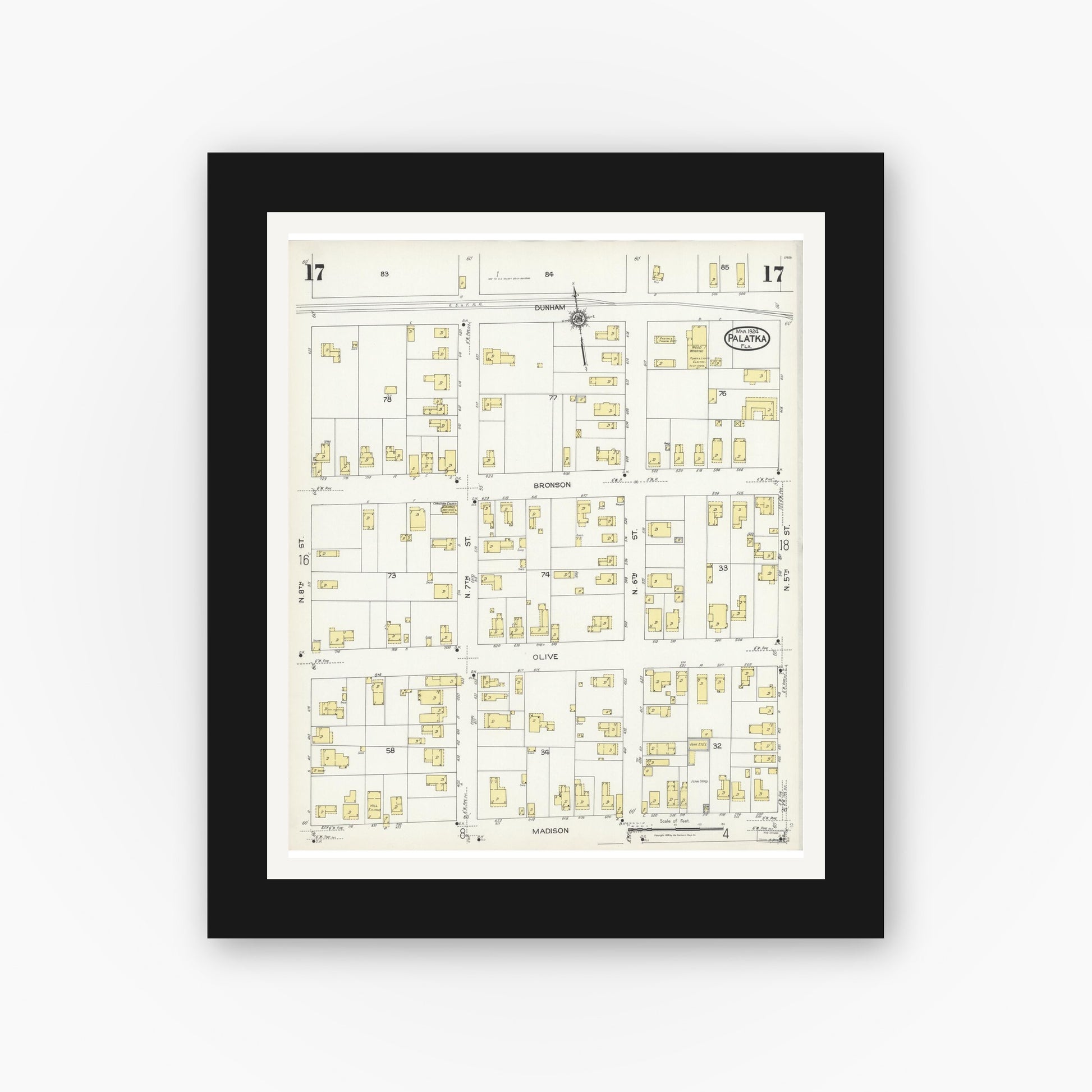 Old map wall art mockup — black gallery frame with white mat — Sanborn Fire Insurance Map from Palatka, Putnam County, Florida (1924), Sheet #0017