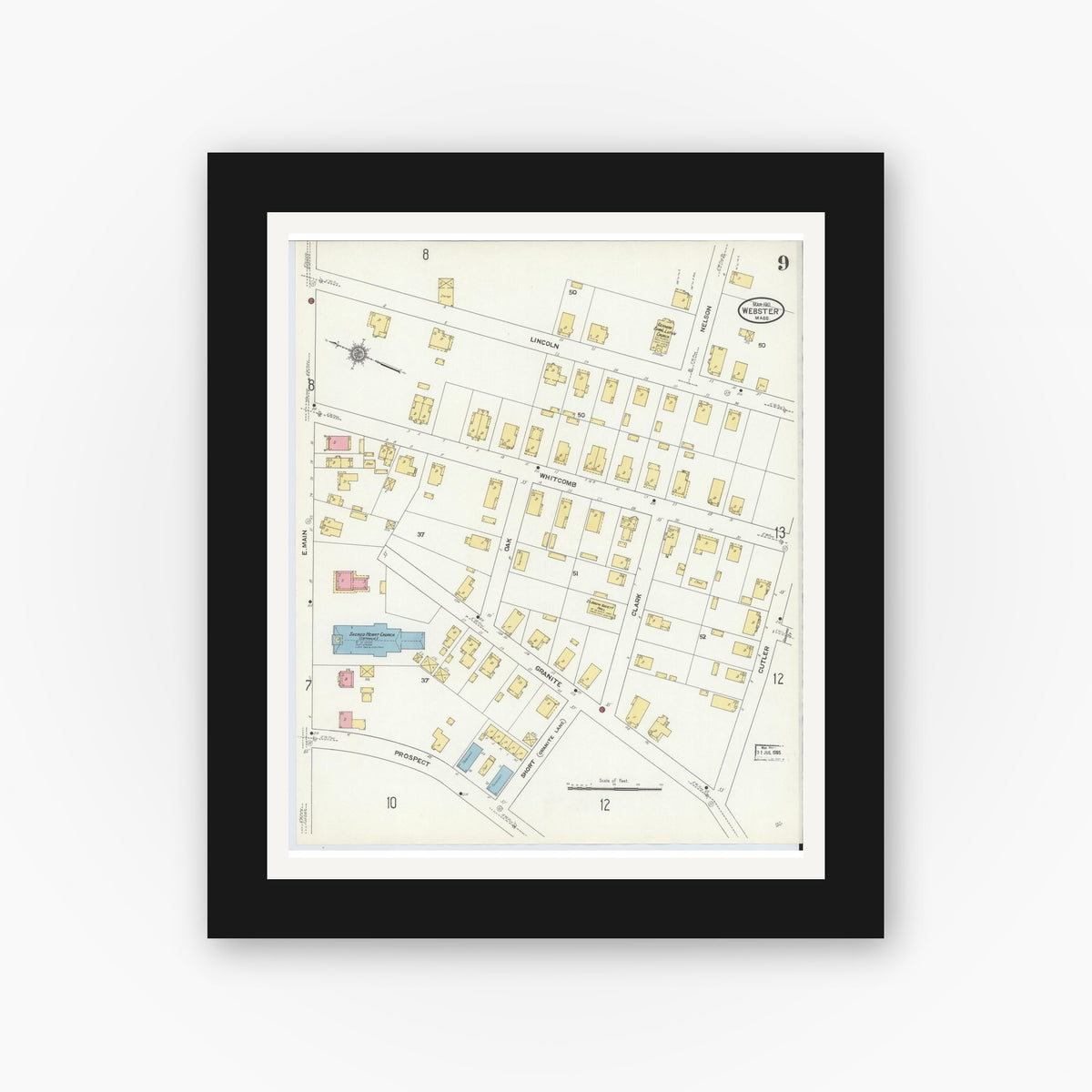 Old map wall art mockup — black gallery frame with white mat — Sanborn Fire Insurance Map from Webster, Worcester County, Massachusetts (1911), Sheet #0009