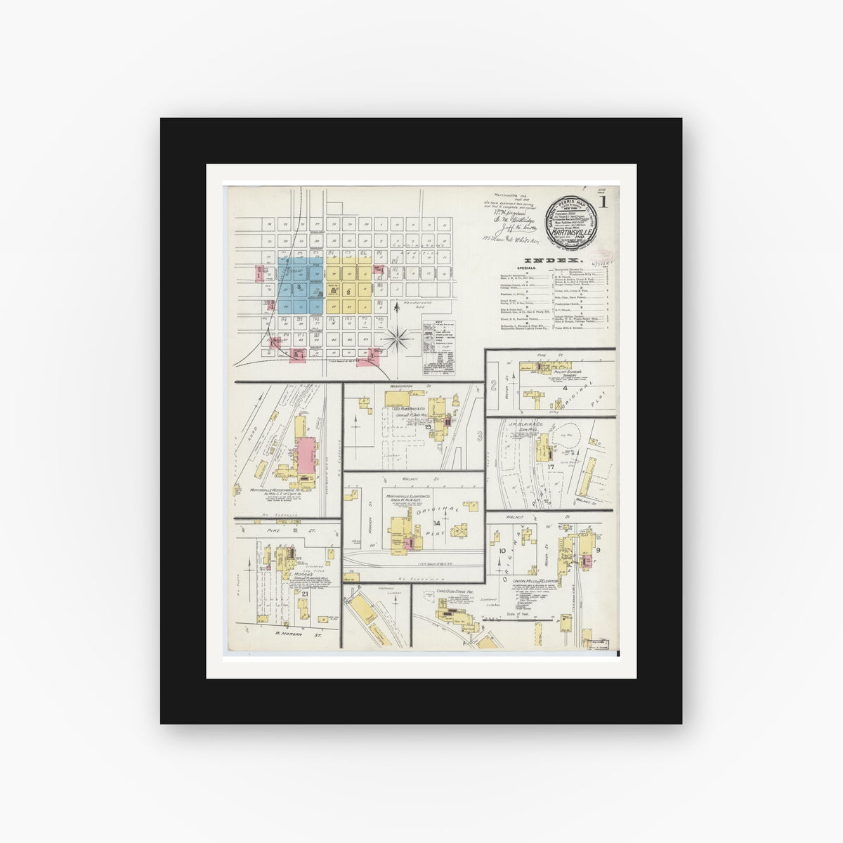 Old map wall art mockup — black gallery frame with white mat — Sanborn Fire Insurance Map from Martinsville, Morgan County, Indiana (1892), Sheet #0001