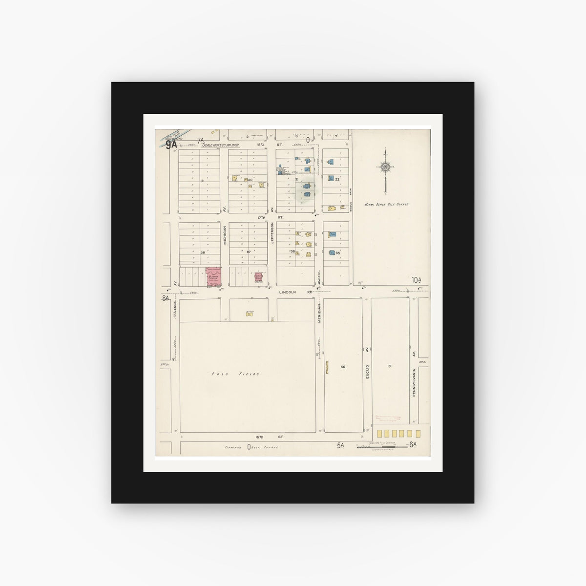 Old map wall art mockup — black gallery frame with white mat — Sanborn Fire Insurance Map from Miami Beach, Dade County, Florida (1921), Sheet #0009