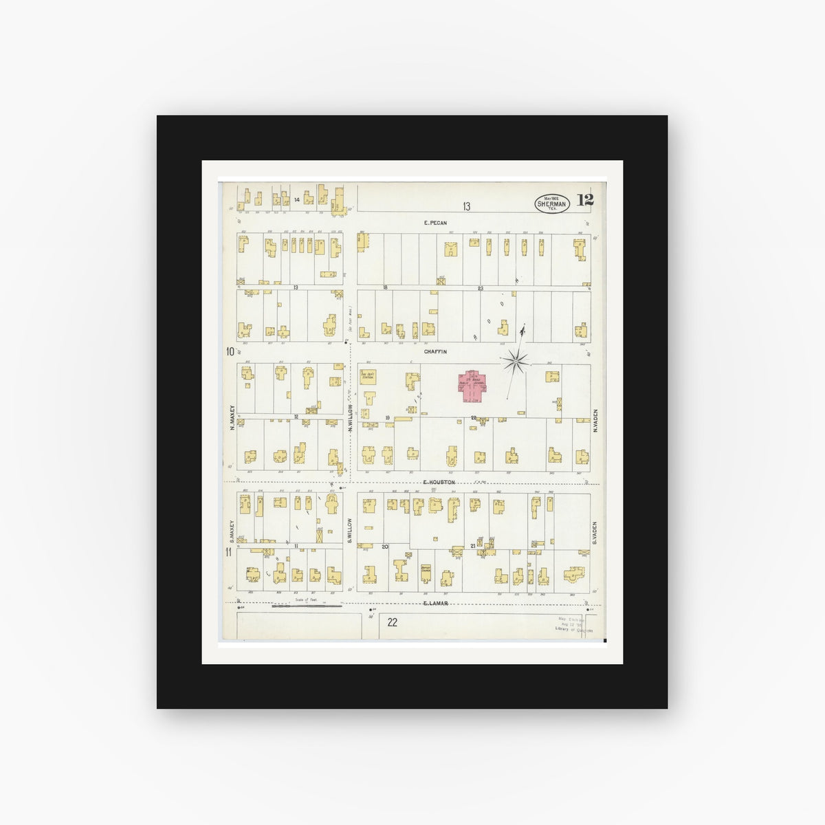 Old map wall art mockup — black gallery frame with white mat — Sanborn Fire Insurance Map from Sherman, Grayson County, Texas (1902), Sheet #0012