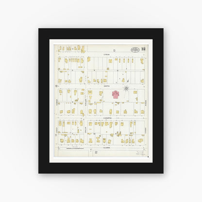 Old map wall art mockup — black gallery frame with white mat — Sanborn Fire Insurance Map from Sherman, Grayson County, Texas (1902), Sheet #0012