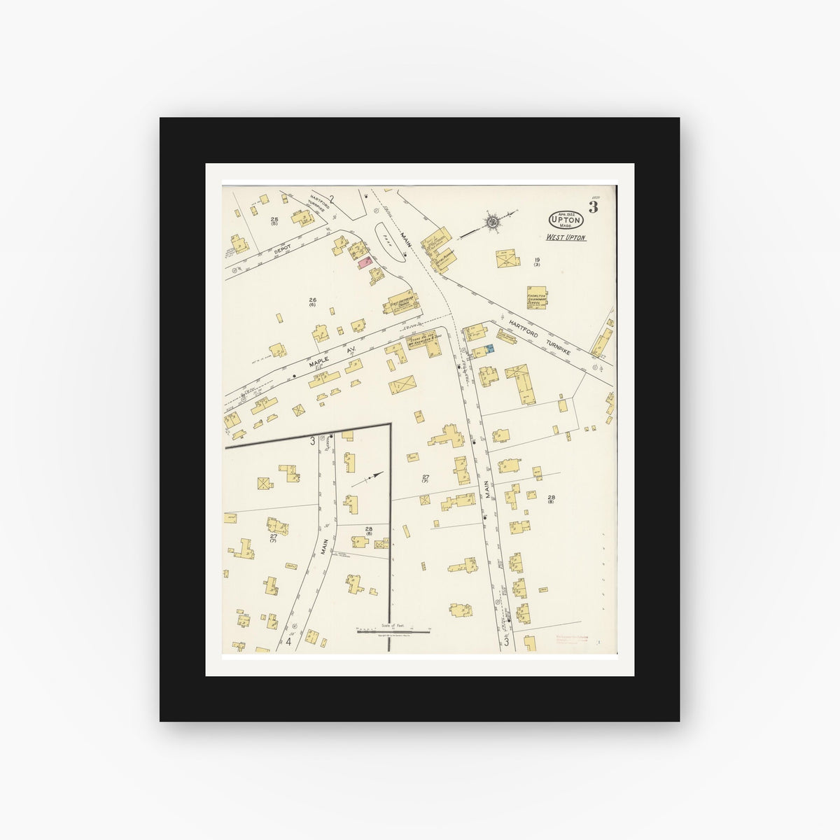 Old map wall art mockup — black gallery frame with white mat — Sanborn Fire Insurance Map from Upton, Worcester County, Massachusetts (1922), Sheet #0003