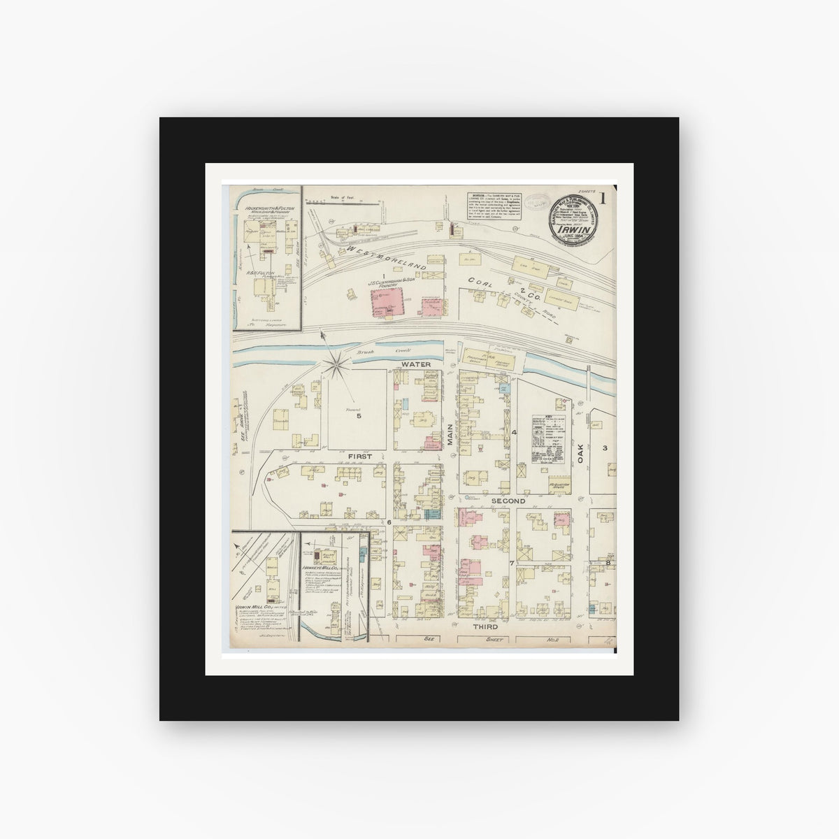 Old map wall art mockup — black gallery frame with white mat — Sanborn Fire Insurance Map from Irwin, Westmoreland County, Pennsylvania (1884), Sheet #0001