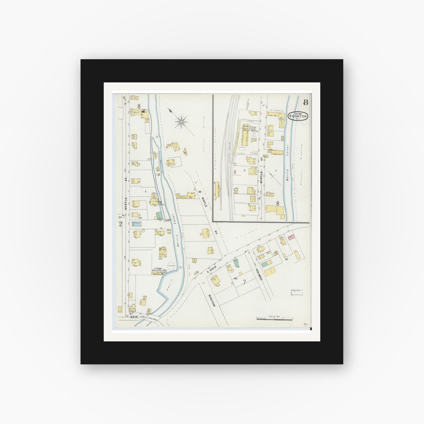 Old map wall art mockup — black gallery frame with white mat — Sanborn Fire Insurance Map from Boonton, Morris County, New Jersey (1896), Sheet #0008