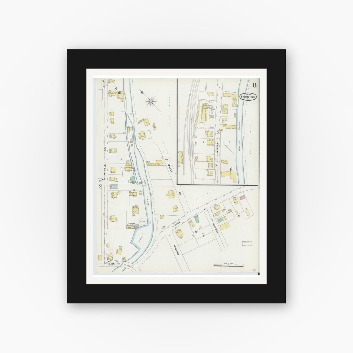 Old map wall art mockup — black gallery frame with white mat — Sanborn Fire Insurance Map from Boonton, Morris County, New Jersey (1896), Sheet #0008