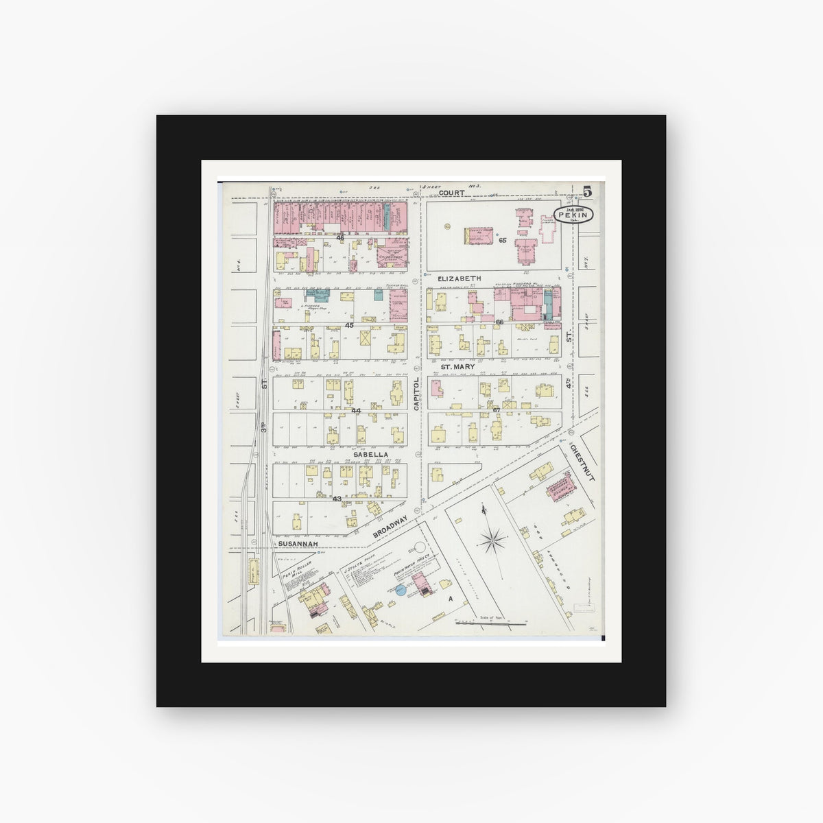 Old map wall art mockup — black gallery frame with white mat — Sanborn Fire Insurance Map from Pekin, Tazewell County, Illinois (1892), Sheet #0005