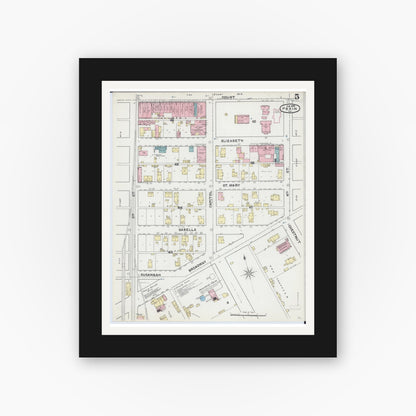 Old map wall art mockup — black gallery frame with white mat — Sanborn Fire Insurance Map from Pekin, Tazewell County, Illinois (1892), Sheet #0005