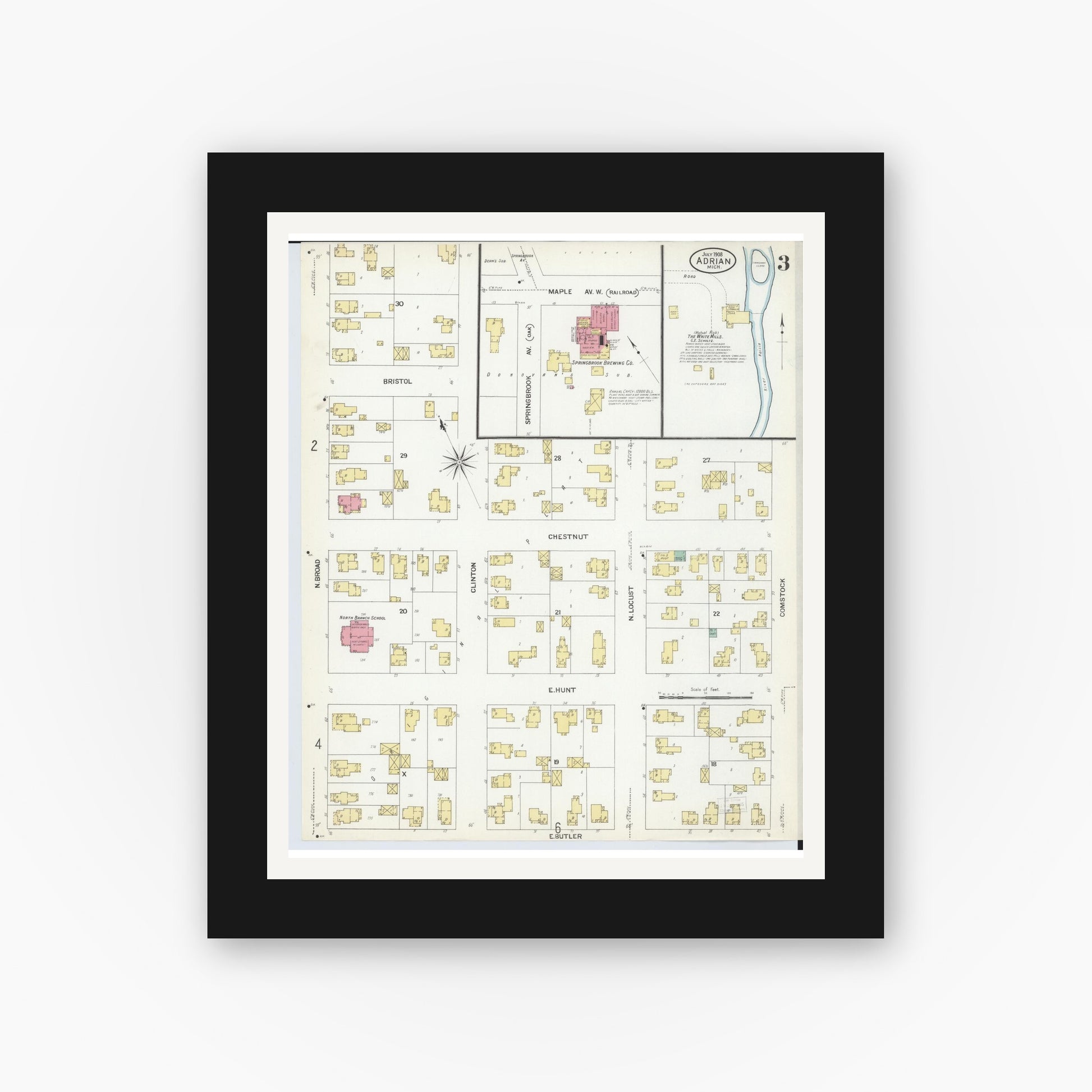 Old map wall art mockup — black gallery frame with white mat — Sanborn Fire Insurance Map from Adrian, Lenawee County, Michigan (1908), Sheet #0003